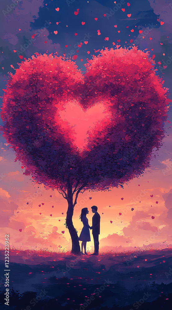 Obraz premium Romantic Digital Illustration of a Couple Standing Under a Glowing Heart-Shaped Tree, Dreamy Fantasy Scene with Warm Colors and Magical Atmosphere