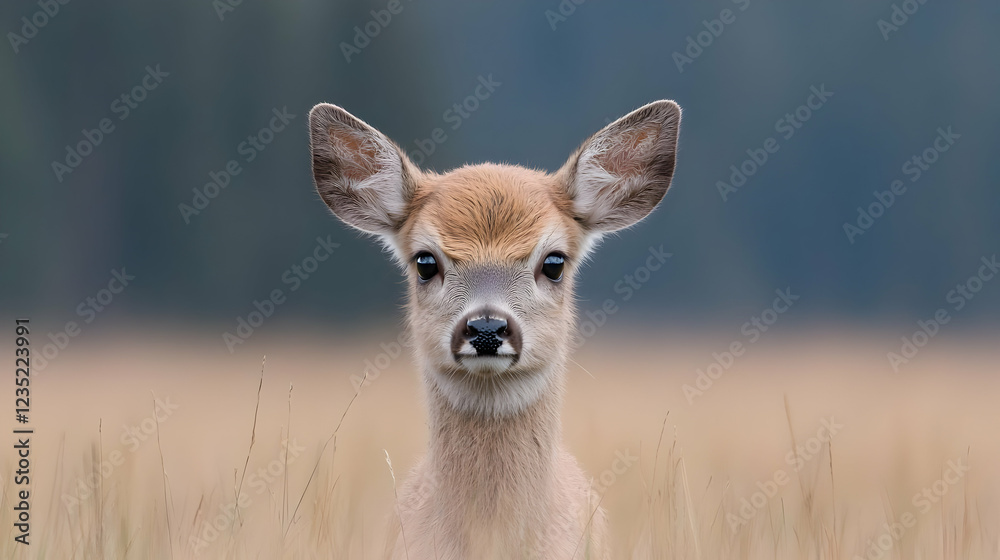 Fawn in field, forest background, wildlife portrait Fawn in field, forest background, wildlife portrait