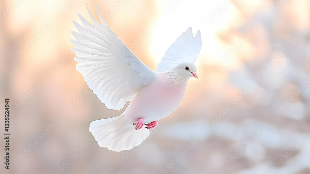 Fototapeta premium White dove flying with wings spread wide against a soft winter background illuminated by warm golden sunlight.