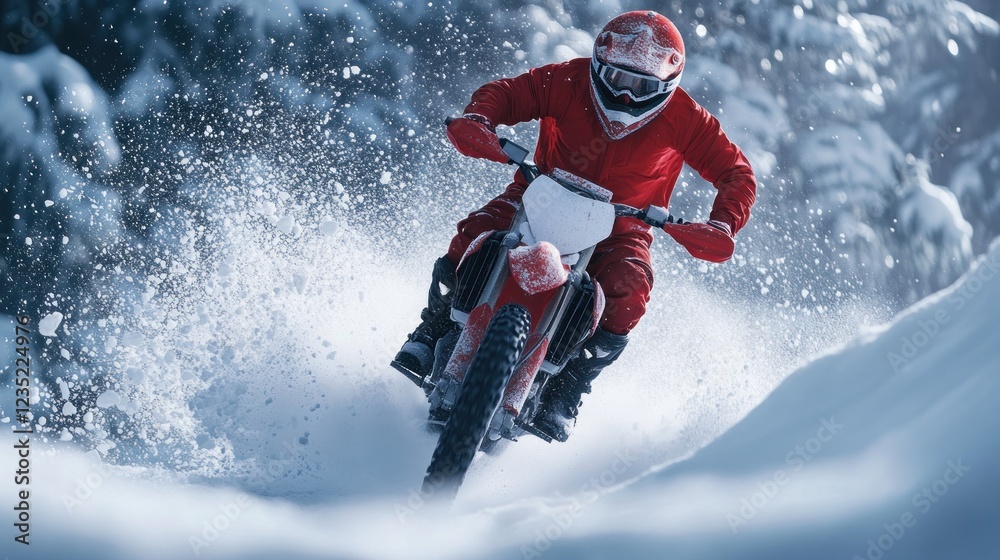Rider snowmobiling downhill, winter forest background, action shot Rider snowmobiling downhill, winter forest background, action shot