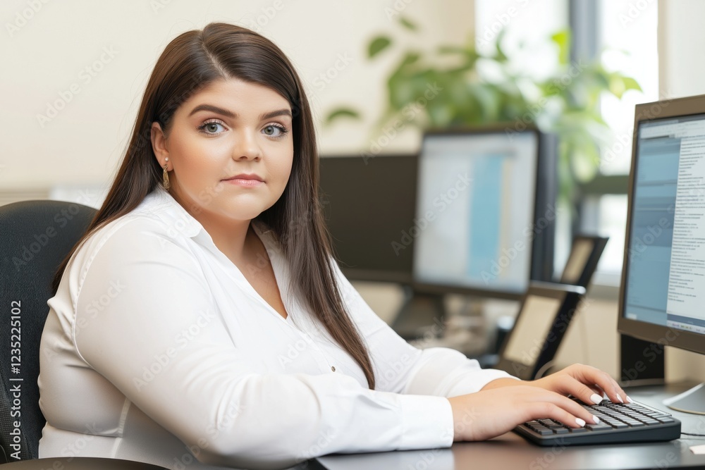 A young AI developer with dark hair focuses on coding tasks at her computer surrounded by screens in a well-lit office A young AI developer with dark hair focuses on coding tasks at her computer surrounded by screens in a well-lit office