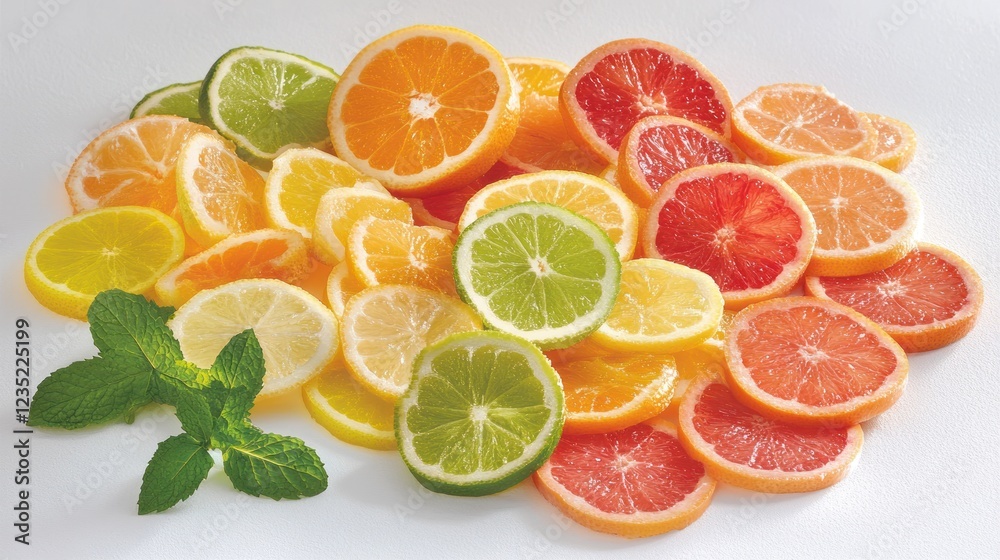 Colorful citrus slices & mint on white background; food photography, recipe ingredient Colorful citrus slices & mint on white background; food photography, recipe ingredient
