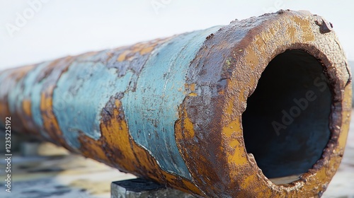 Rusty pipe outdoors, decaying paint, coastal background, industrial texture photo