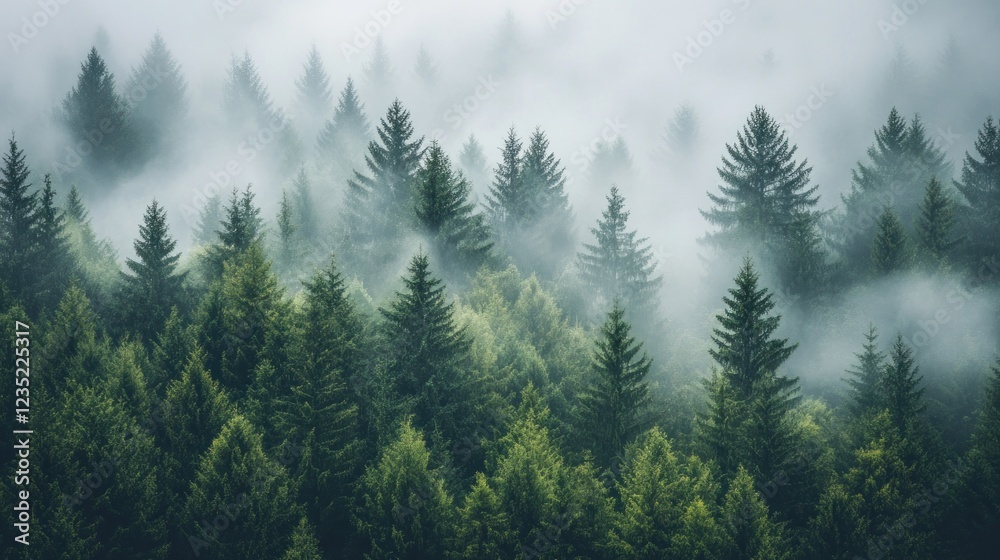 Fototapeta premium Misty mountain forest aerial view, tranquil nature scene, background for travel