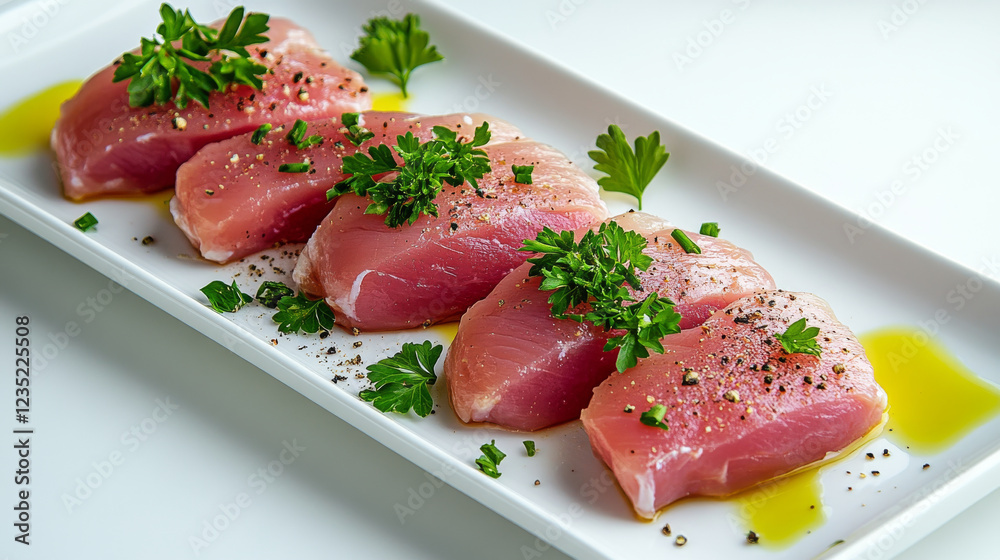 Fresh Raw Chicken Fillet with Herbs and Olive Oil on White Plate. Concept of Healthy Eating, Gourmet Cooking, Culinary Preparation, Organic Ingredients Fresh Raw Chicken Fillet with Herbs and Olive Oil on White Plate. Concept of Healthy Eating, Gourmet Cooking, Culinary Preparation, Organic Ingredients