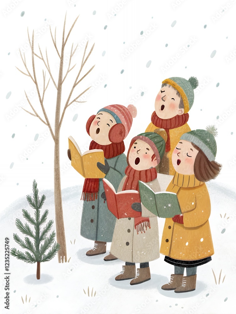 Fototapeta premium Children Christmas Carolers Singing in Snowy Winter Scene