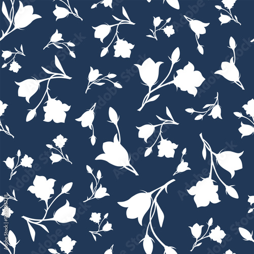 Seamless floral pattern with white bluebell (campanula) flowers silhouettes on a blue background. Vector floral print