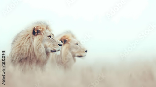 Two white lions in savanna grassland, wildlife scene
