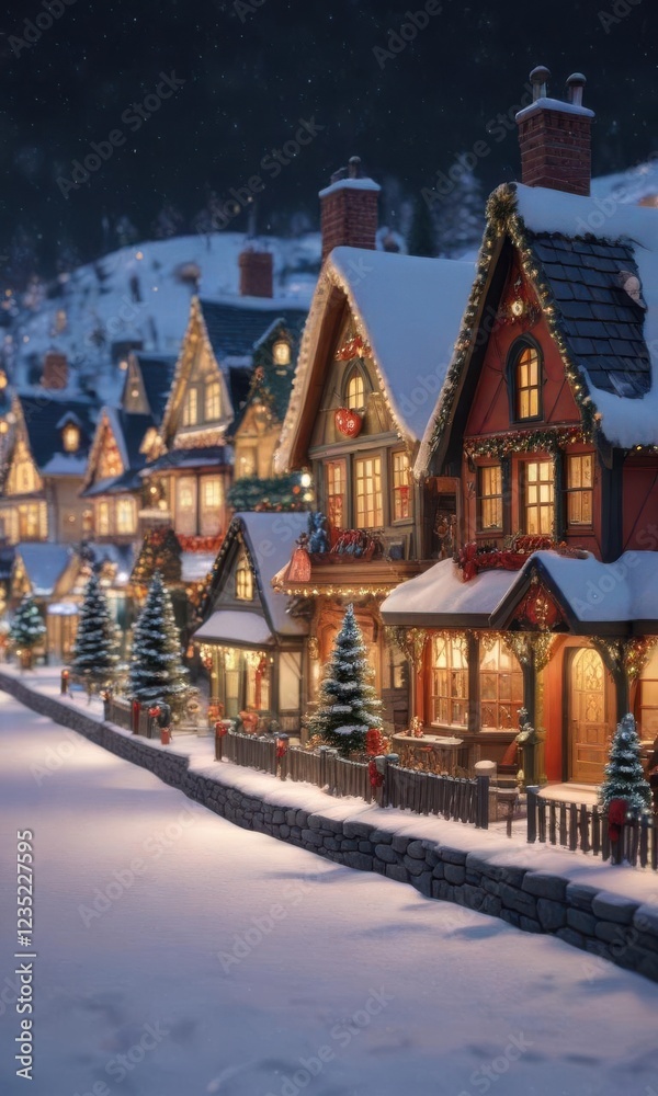 Fototapeta premium Christmas village with decorated houses and snow, snowy village, frozen lake