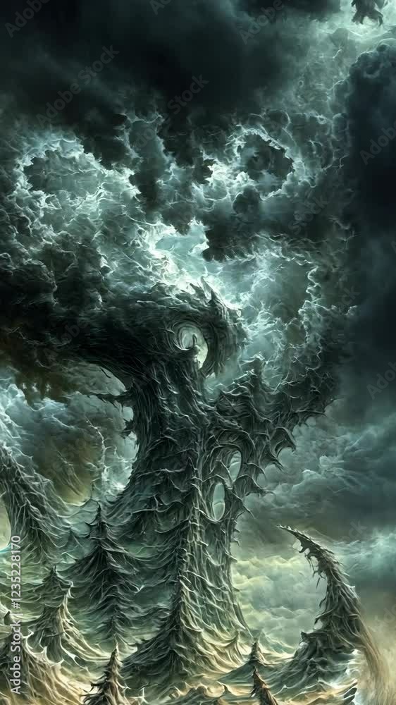 Dark storm clouds swirl ominously above twisted trees in a haunting landscape at twilight Dark storm clouds swirl ominously above twisted trees in a haunting landscape at twilight