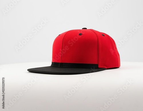 Stylish red and black cap on a white table, ideal for fashion-forward individuals.