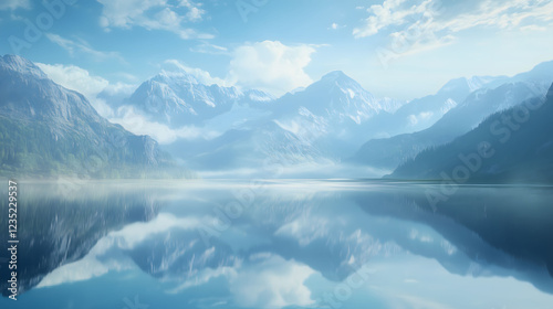 Wallpaper Mural Majestic Mountain Range Reflected in a Tranquil Lake Under Clear Blue Sky in the Early Morning. Generative AI Torontodigital.ca