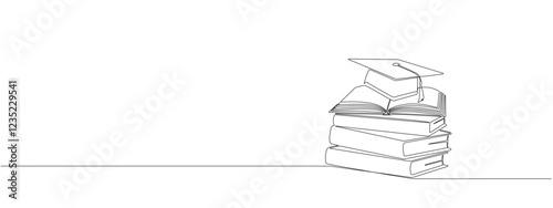 Stack of books with student's hat in one continuous line.  Symbol of education, graduate , learning intelligence in one line style .Vector editable illustration