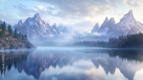 Majestic Mountain Range Reflected in the Tranquil Waters at Sunrise With Mist Rising Over the Landscape. Generative AI