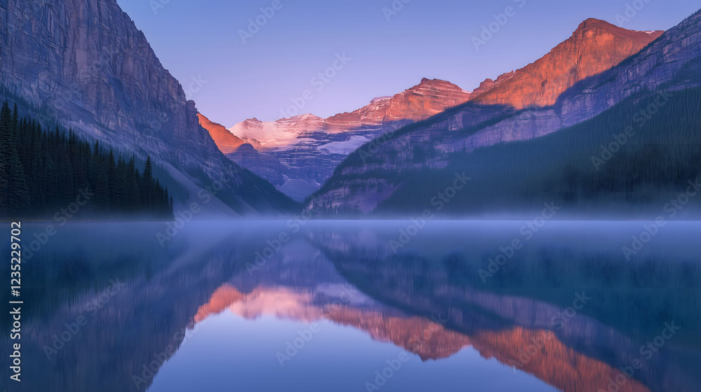 Fototapeta premium Majestic Mountain Range Reflects in Tranquil Waters at Dawn Near a Serene Lake. Generative AI