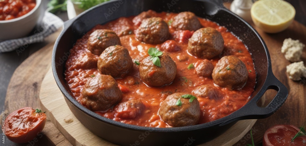 Close-up of juicy meatballs and tangy tomato sauce simmering in a hot cast iron skillet, sauce, cast iron Close-up of juicy meatballs and tangy tomato sauce simmering in a hot cast iron skillet, sauce, cast iron