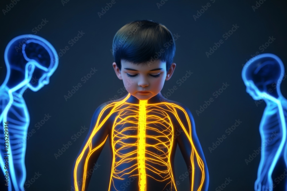 Fototapeta premium A young child stands with a highlighted nervous system, surrounded by ethereal silhouettes, depicting the importance of health, wellness, and the human body's complexity.