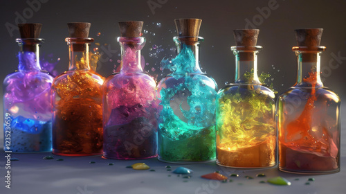 Potion Bottles - Bottles filled with colorful, bubbling potions. 