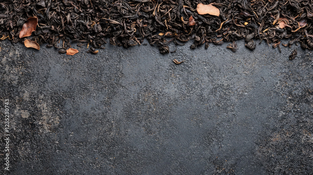 Top View of Loose Black Tea Leaves on a Dark Rustic Surface Top View of Loose Black Tea Leaves on a Dark Rustic Surface