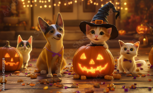 Pets on Halloween night. Cartoon animals decorated with colorful pumpkins and festive paraphernalia. A kitten in a witch's hat sits in Jack's lantern surrounded by other animals. photo