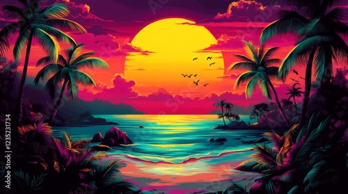A stunning vibrant sunset over the ocean, framed by palm trees, reflecting a mesmerizing palette of colors that evoke a sense of peace and tranquility.