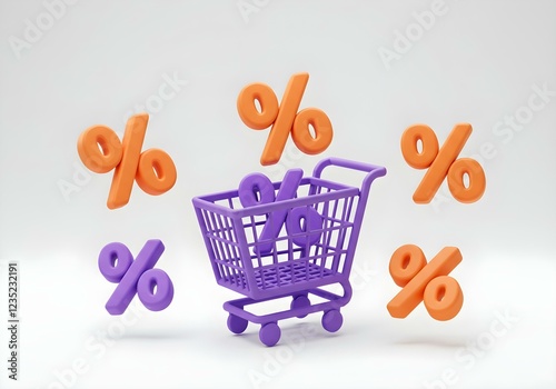 3D floating sale percent symbols in vibrant orange and purple, dropping into a shopping cart, isolated on a white background, with a transparent shopping cart design create with ai