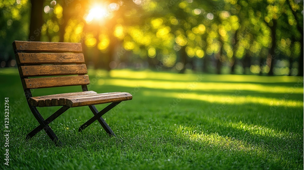 Wooden park bench sits in sunny green grass Wooden park bench sits in sunny green grass