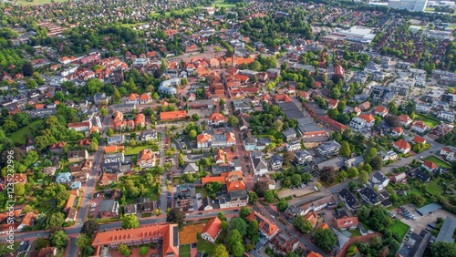 Aerial view around the old town of the city Westerstede on a sunny day in spring photo