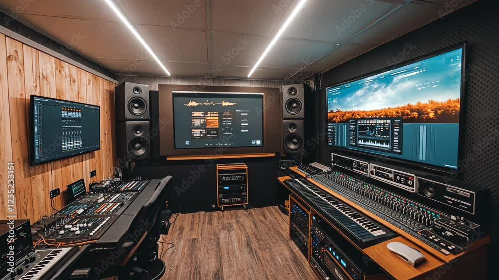 Modern music production studio featuring advanced equipment and screens for audio mixing and sound design Modern music production studio featuring advanced equipment and screens for audio mixing and sound design