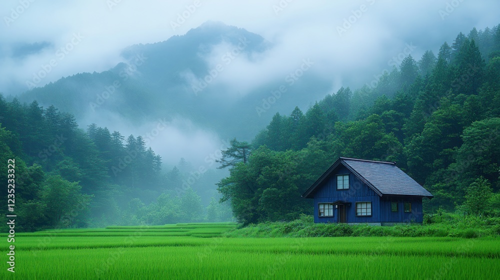 Fototapeta premium Blue house, misty mountain rice paddy