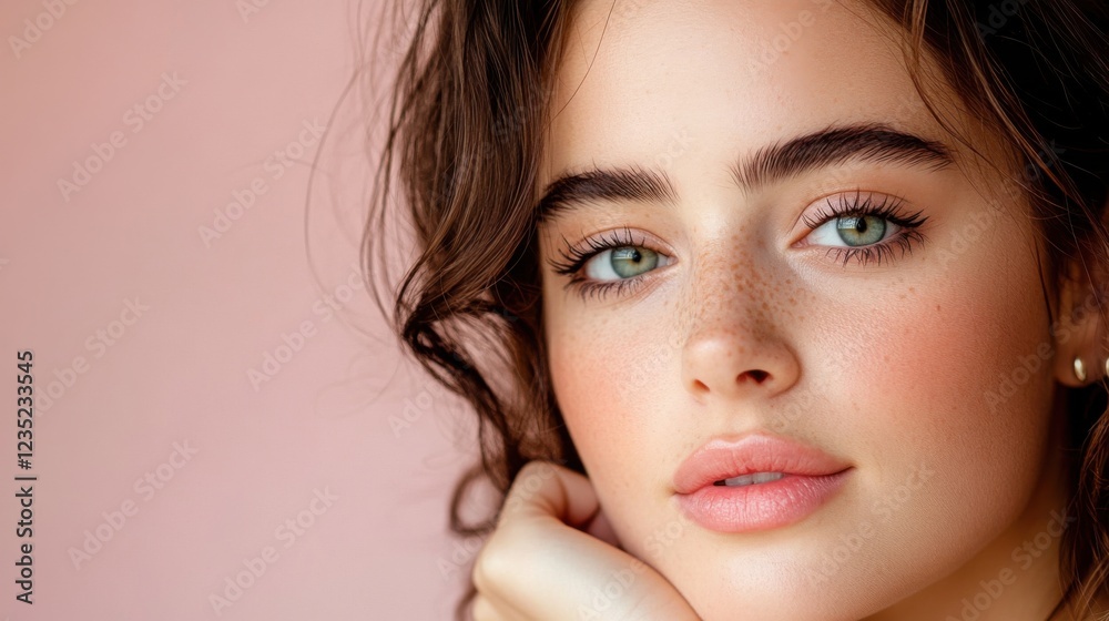 Naklejka premium portrait of a young woman with glowing, healthy skin, minimal makeup, and soft natural lighting, pastel background, beauty 
