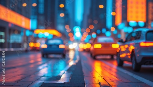 Vibrant City Street at Night with Reflections and Motion