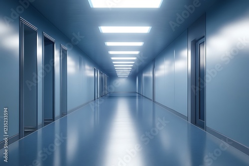 A long  empty corridor with blue walls and bright overhead lights.