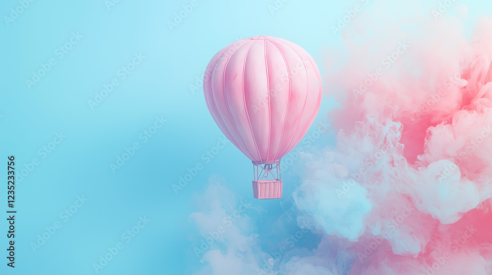 Obraz premium Pink Hot Air Balloon on Light Blue Pastel Background with Ink Splashes
