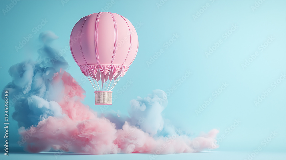 Obraz premium Pink Hot Air Balloon on Light Blue Pastel Background with Ink Splashes