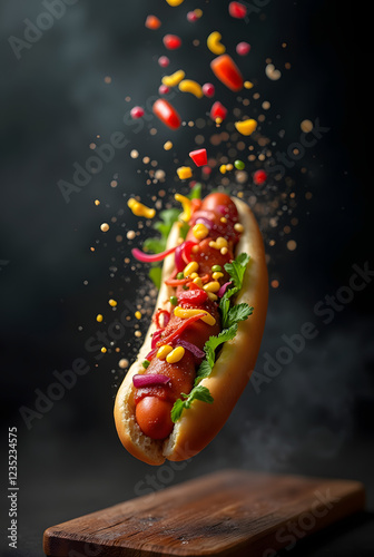 Delicious culinary idea: delicious hot dog bun with steaming ingredients on dark smoky background. Space for text.