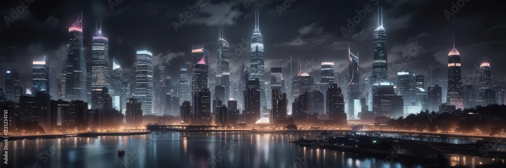 Fototapeta premium Computer screen displaying futuristic cityscape at night, neon, technology