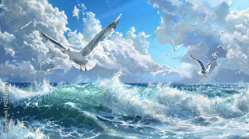 Seagulls Flying - Seagulls soaring over the ocean.