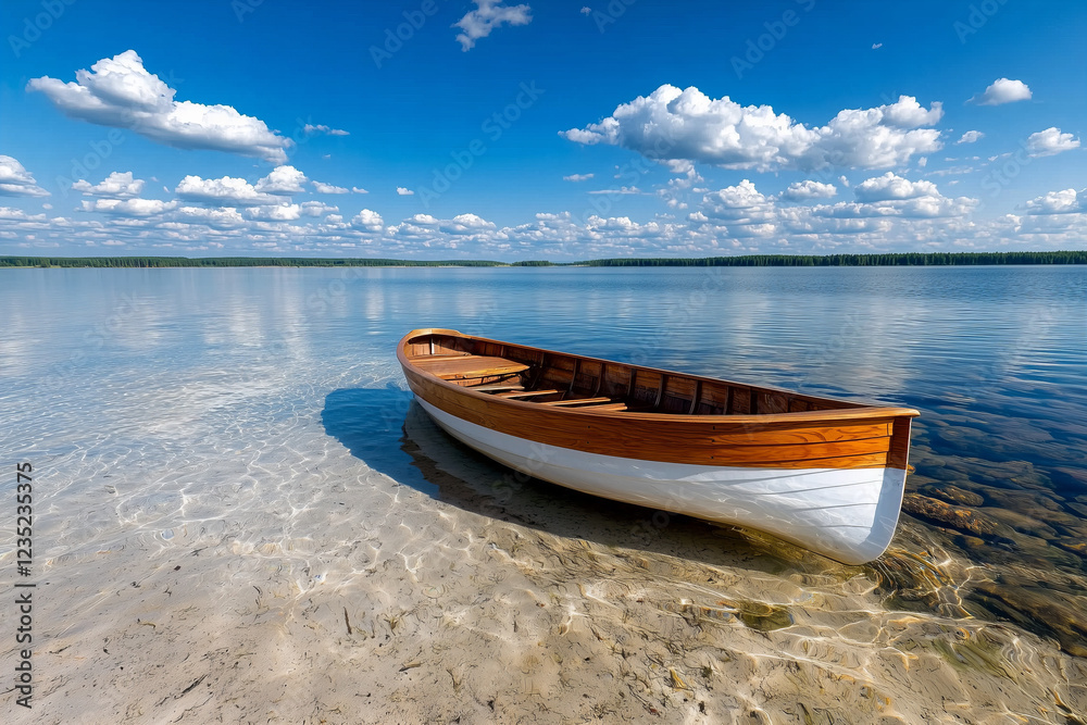 Wooden Rowboat on Sandy Shore of Calm Lake Under Sunny Blue Sky Wooden Rowboat on Sandy Shore of Calm Lake Under Sunny Blue Sky