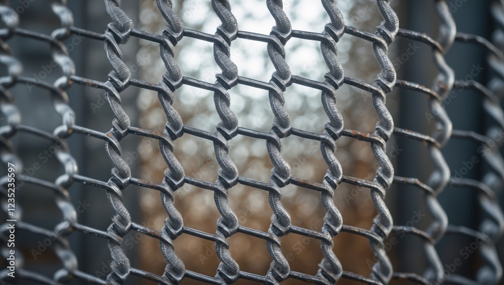Fototapeta premium Close-up of metallic chain-link fence texture with blurred background and interwoven patterns.