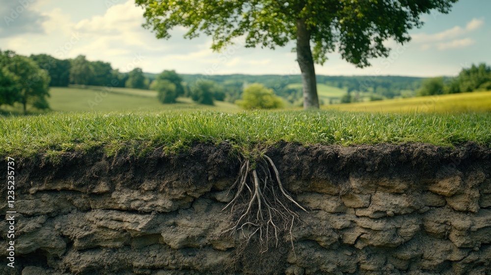 Roots penetrating stone wall, rural landscape Roots penetrating stone wall, rural landscape