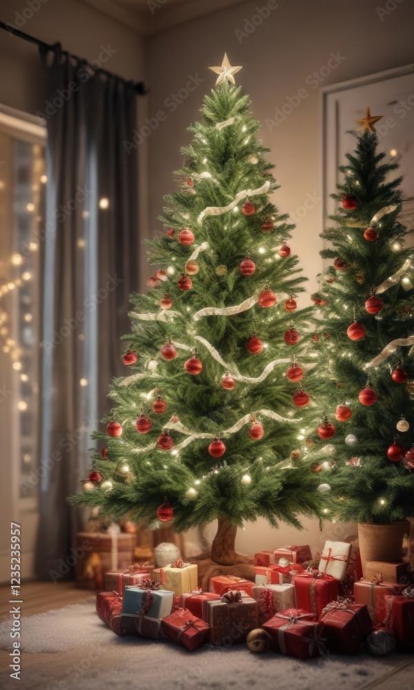 Cozy Christmas tree with ornaments and lights against a snowy background , cozy, decorations Cozy Christmas tree with ornaments and lights against a snowy background , cozy, decorations