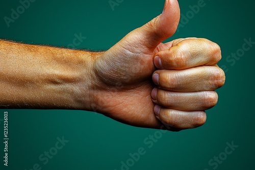 A Close-up Shot of a Thumbs Up Gesture Against a Teal Background photo