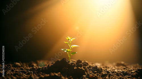 Young green sprouts of life sway in the morning sunlit breeze, a small concept of nature's growing strength from the earth photo