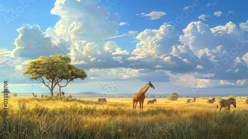 Wildlife in a Savanna: Animals like elephants, giraffes, and zebras roaming the grassy plains under an expansive sky. 