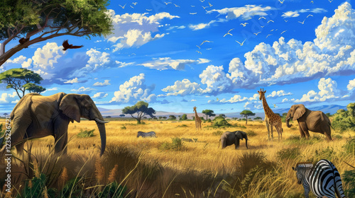 Wildlife in a Savanna: Animals like elephants, giraffes, and zebras roaming the grassy plains under an expansive sky. 
