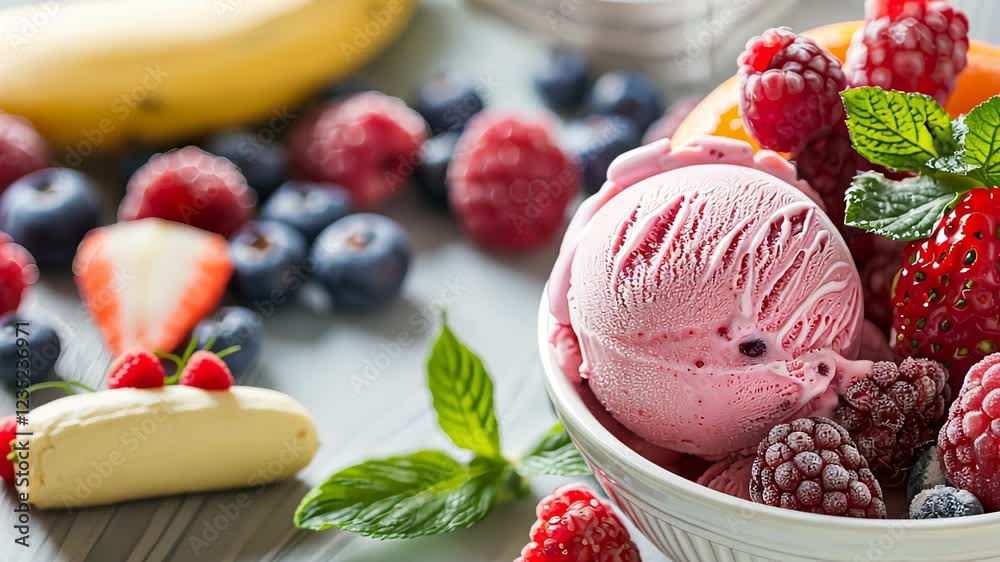 A bowl of strawberry ice cream topped with fresh raspberries, blueberries, and mint leaves, surrounded by vibrant fruit. A bowl of strawberry ice cream topped with fresh raspberries, blueberries, and mint leaves, surrounded by vibrant fruit.