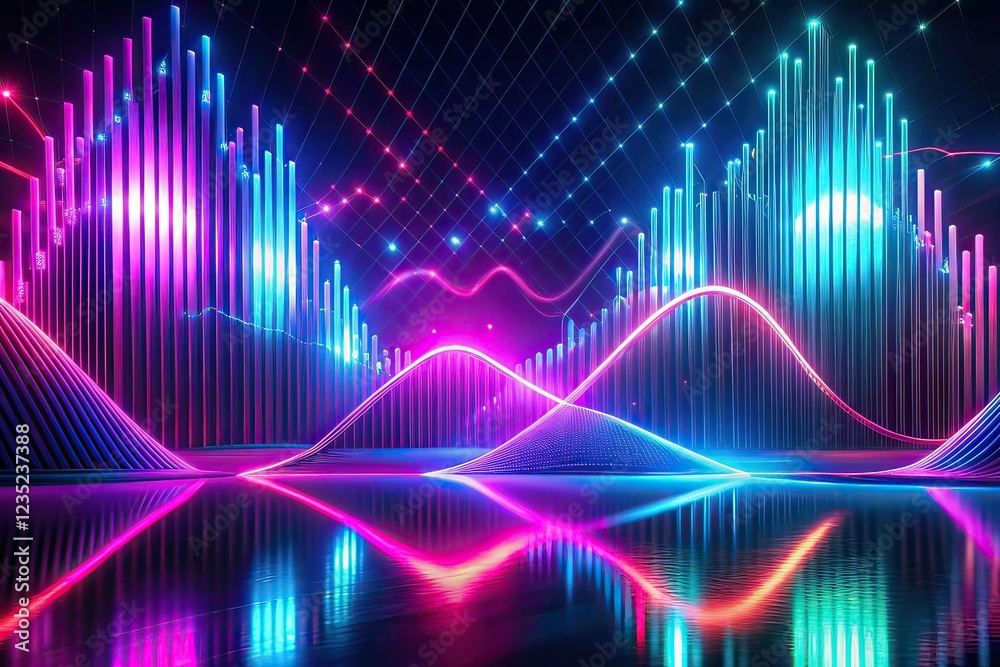 Naklejka premium 3D Render Abstract Pink Blue Wavy Lines Neon Light Impulse Equalizer