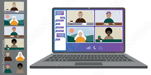 Video call conference, working from home. Colleagues of different nationalities and ages talk to each other on the laptop screen. Isolated illustration on white background in flat style trendy colors