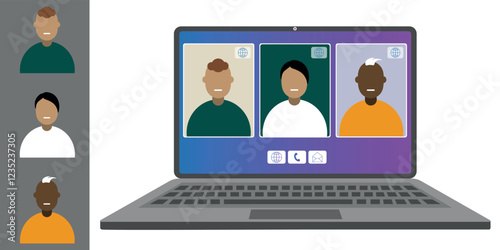 Video call conference, working from home. Colleagues of different nationalities and ages talk to each other on the laptop screen. Isolated illustration on white background in flat style trendy colors